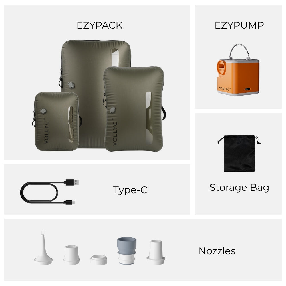 FLEXTAIL X VOLLYC EZY SET BUNDLE - 3 Size Travel Vacuum Pack For Luggage Space Saving