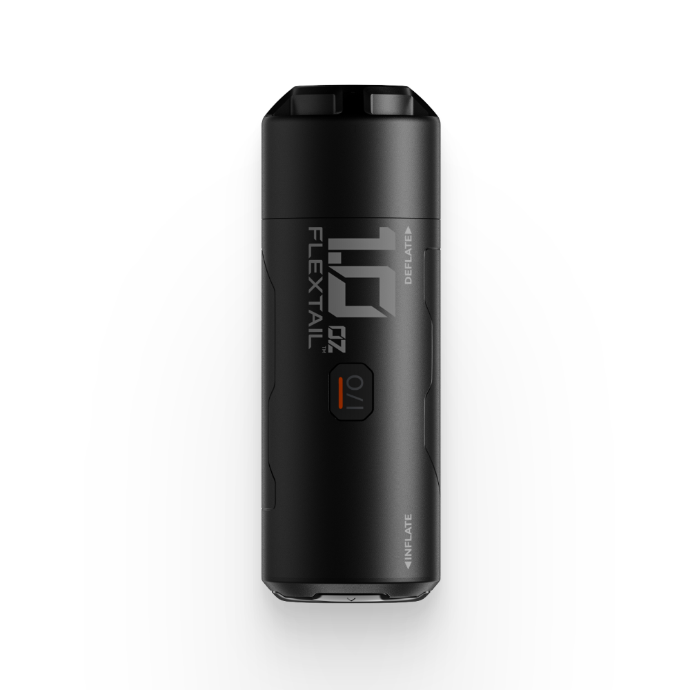 Black vape device with 'Flextail' branding on a white background