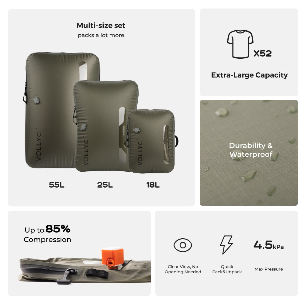 FLEXTAIL X VOLLYC EZY SET BUNDLE - 3 Size Travel Vacuum Pack For Luggage Space Saving