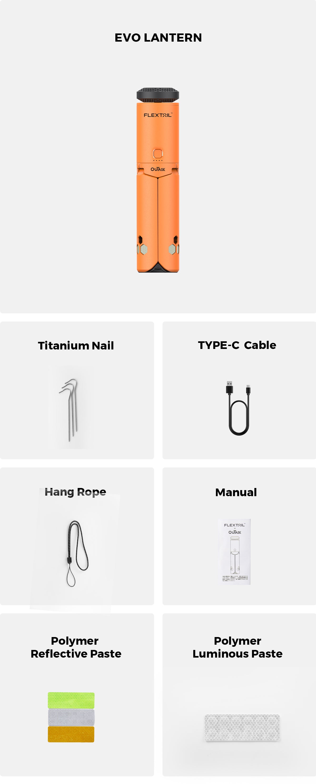 Zawartość zestawu FLEXTAIL EVO LANTERN z kablem Type-C akcesoriami i instrukcją